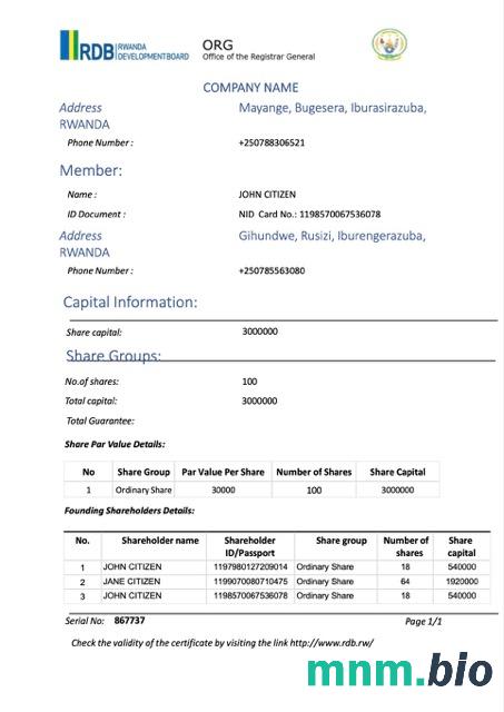 Rwanda certyfikat rejestracji Word i PDF szablon